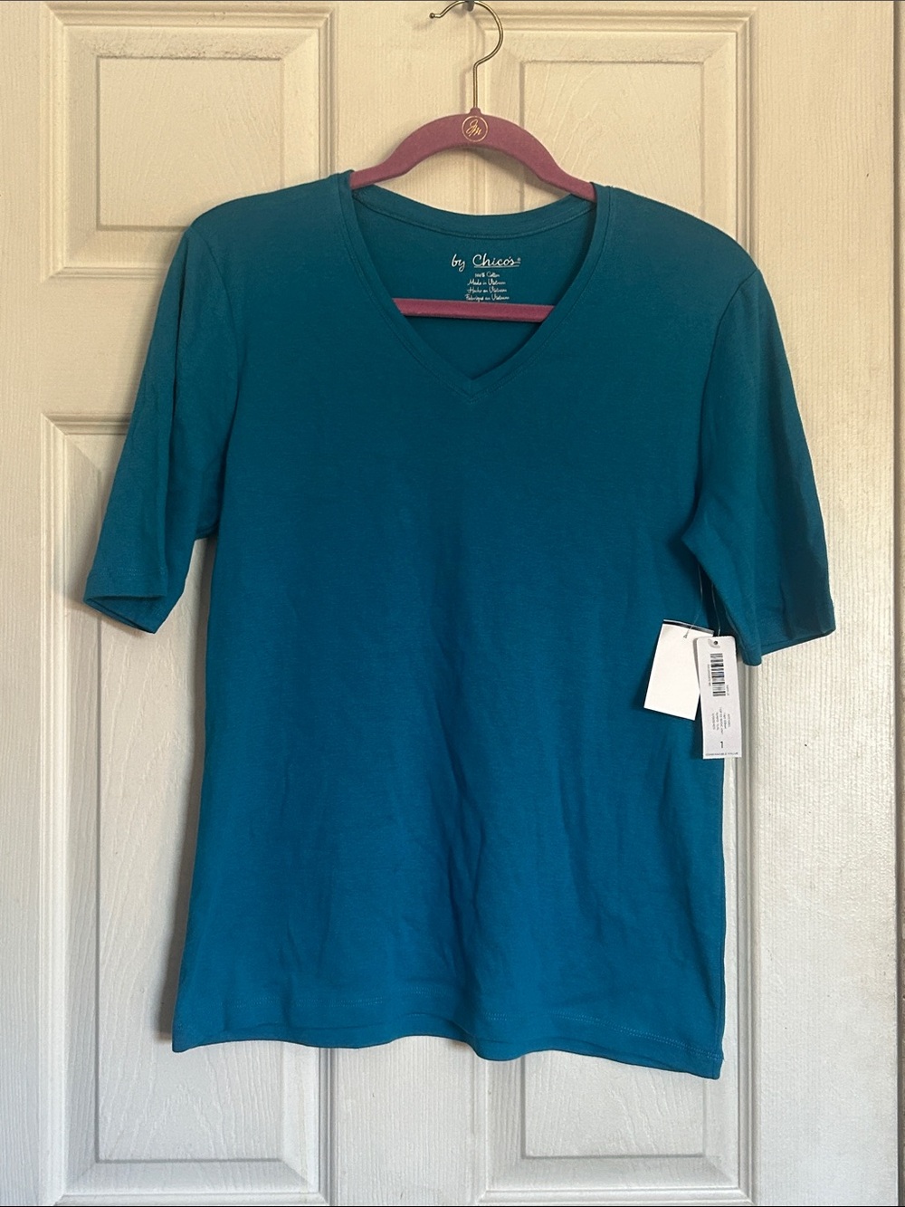 NWT Chico’s tempo teal v neck Faye elbow sleeve tee size medium